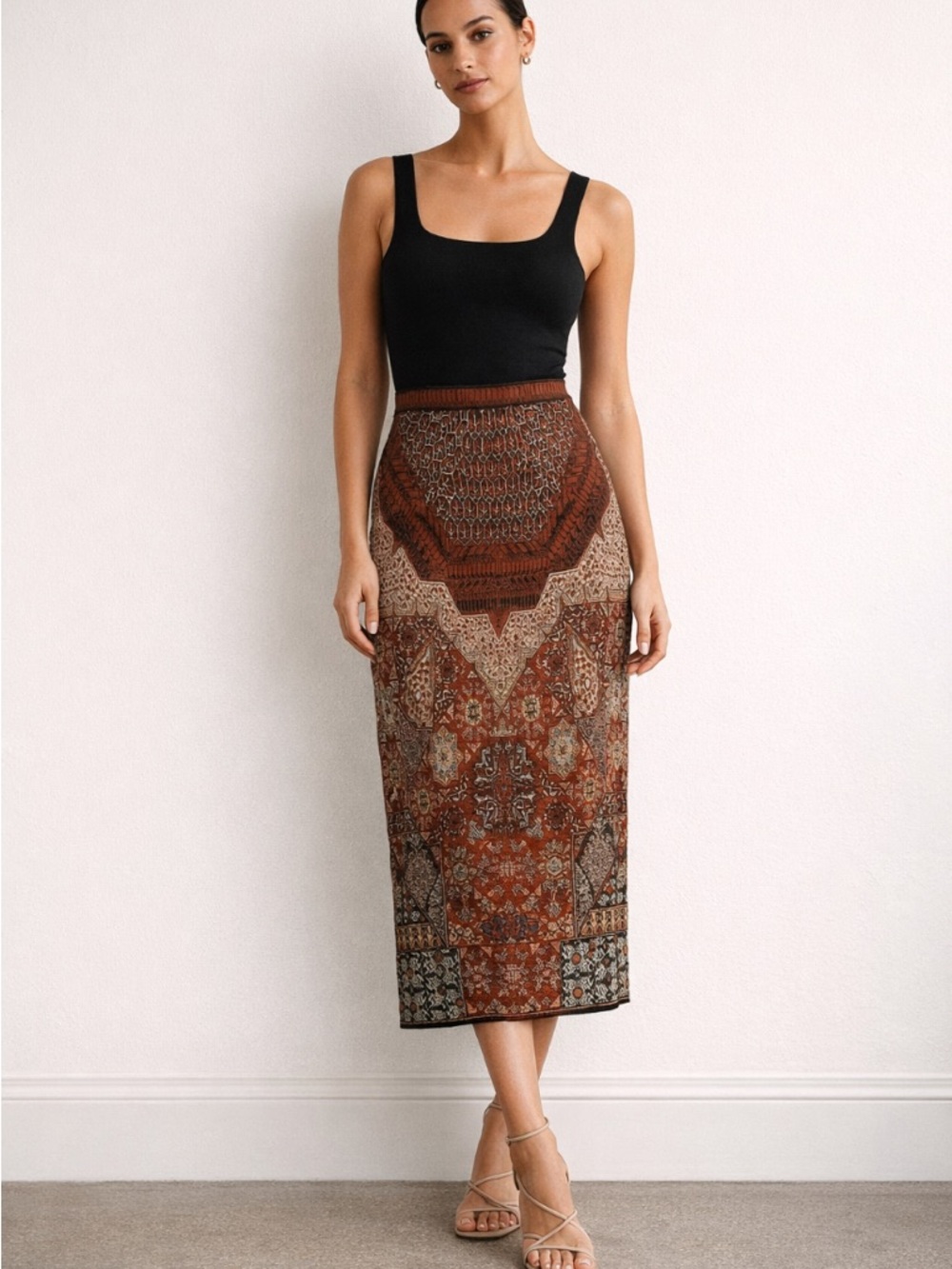 Peruvian Connection Pima Cotton Boho Persian Print Midi Length Skirt Size Large